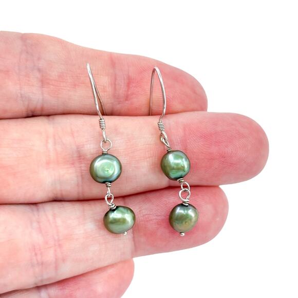 Vintage Sterling Silver 925 Green Coin and Round Pearl Dangle Earrings - Picture 1 of 7